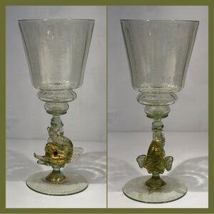Italian Murano-Style Art Glass Fish Dolphin Stem Goblet w/ Gold Flecks